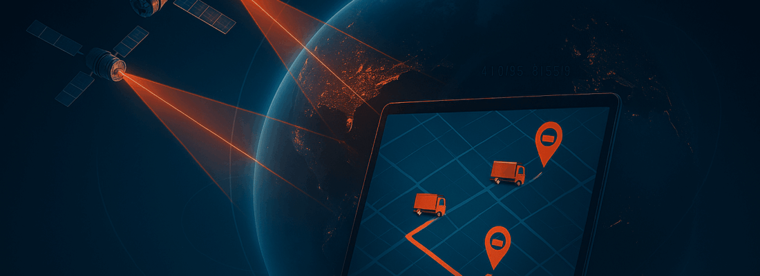 An illustration of global asset tracking: satellites orbit the Earth sending signals, while a laptop displays the real-time GPS location of trucks on a map, all powered by the GPX Intelligence platform