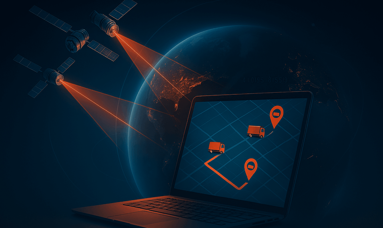 An illustration of global asset tracking: satellites orbit the Earth sending signals, while a laptop displays the real-time GPS location of trucks on a map, all powered by the GPX Intelligence platform