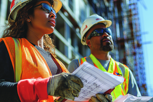 Two construction supervisors in safety vests and helmets reviewing printed blueprints at an active job site with scaffolding in the background.