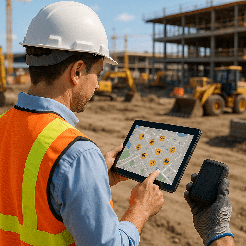 Real-Time GPS Asset Tracking Interface on Tablet at Construction Site