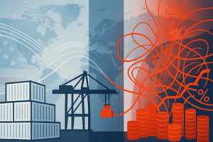 Digital illustration of US supply chains facing global trade friction, with stylized cargo containers, a port crane, red-orange disruption lines, and a world map backdrop highlighting international trade challenges.