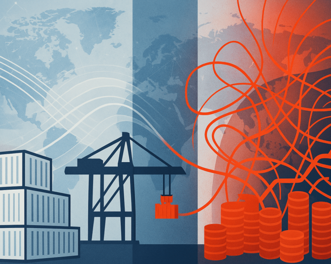 Digital illustration of US supply chains facing global trade friction, with stylized cargo containers, a port crane, red-orange disruption lines, and a world map backdrop highlighting international trade challenges.