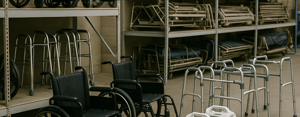 Warehouse storage area with wheelchairs, walkers, oxygen concentrators, and hospital bed components under diffused lighting.