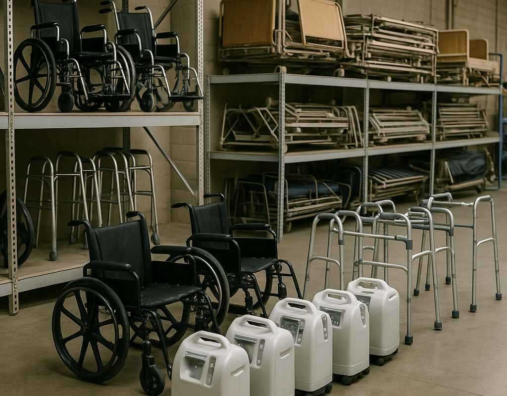 Warehouse storage area with wheelchairs, walkers, oxygen concentrators, and hospital bed components under diffused lighting.