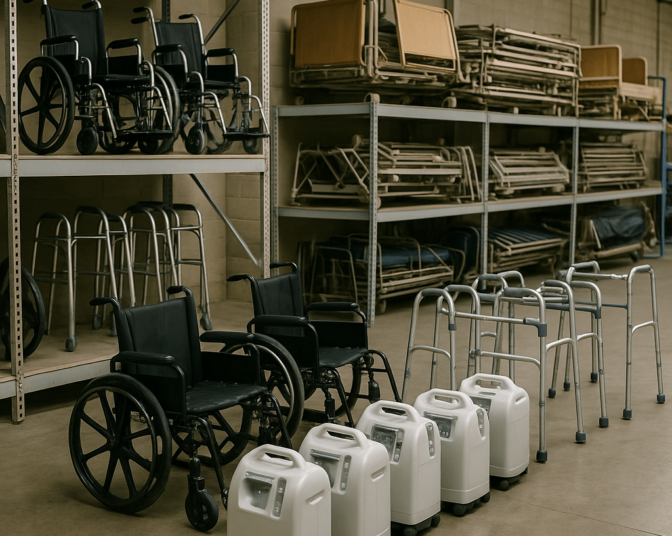 Warehouse storage area with wheelchairs, walkers, oxygen concentrators, and hospital bed components under diffused lighting.
