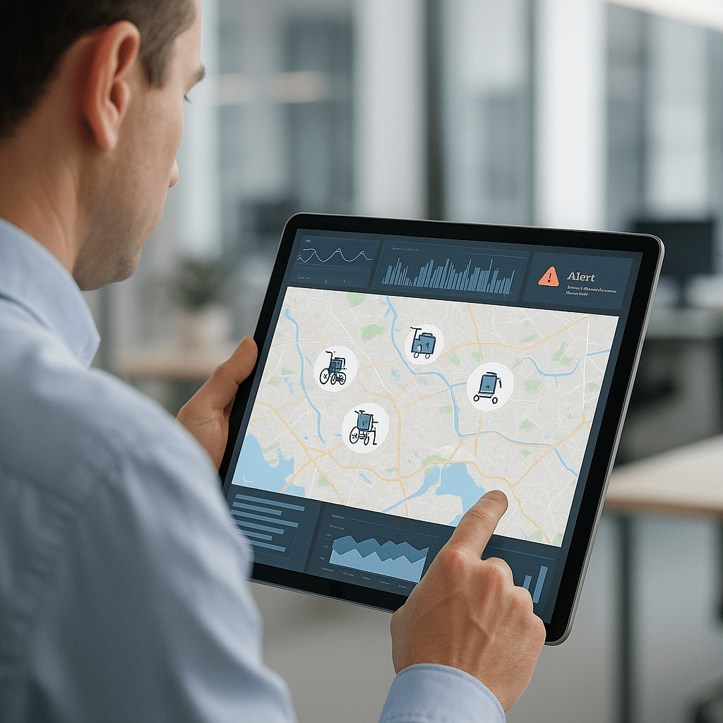  Logistics professional holding a tablet showing a map with medical device icons, data charts, and an alert notification.
