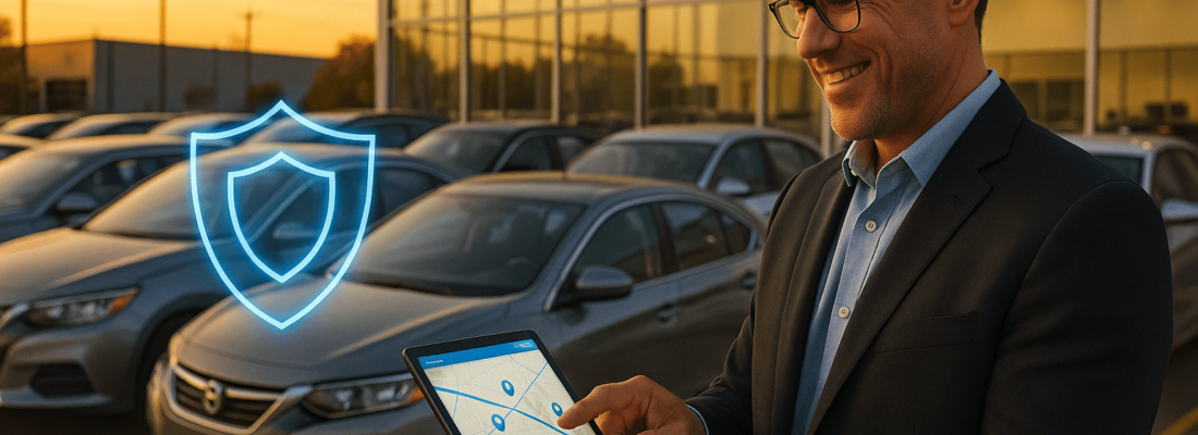 Dealership manager using GPX GPS tracking for car dealerships on a tablet to manage inventory security and protect assets.