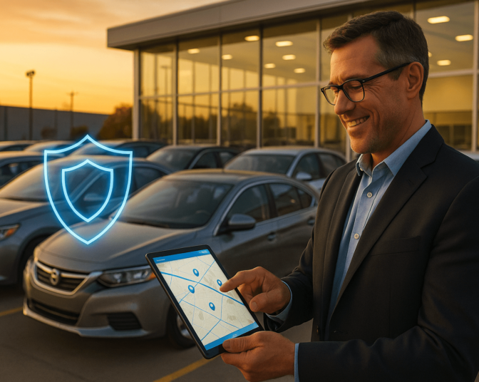 Dealership manager using GPX GPS tracking for car dealerships on a tablet to manage inventory security and protect assets.