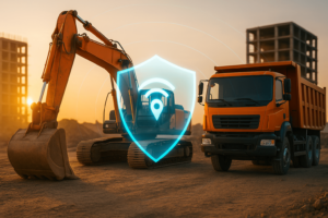 A GPS tracker for stolen equipment provides security for a construction excavator and truck on a job site.