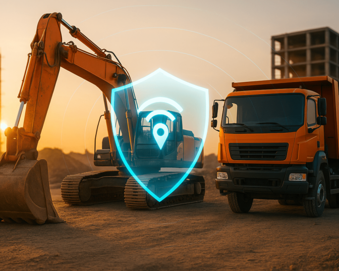 A GPS tracker for stolen equipment provides security for a construction excavator and truck on a job site.