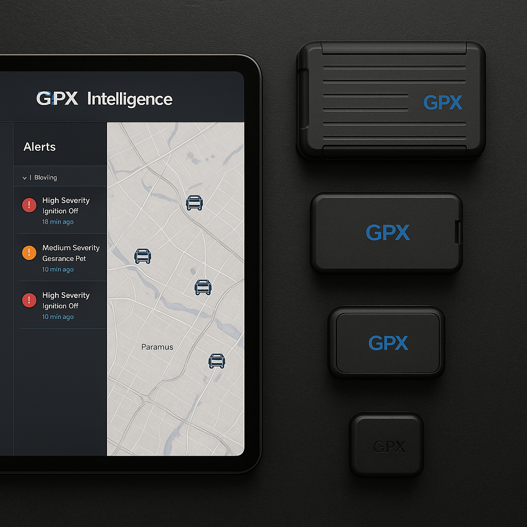 GPX Intelligence platform and GPS tracking devices for car dealerships, showcasing solutions for asset management and vehicle recovery.