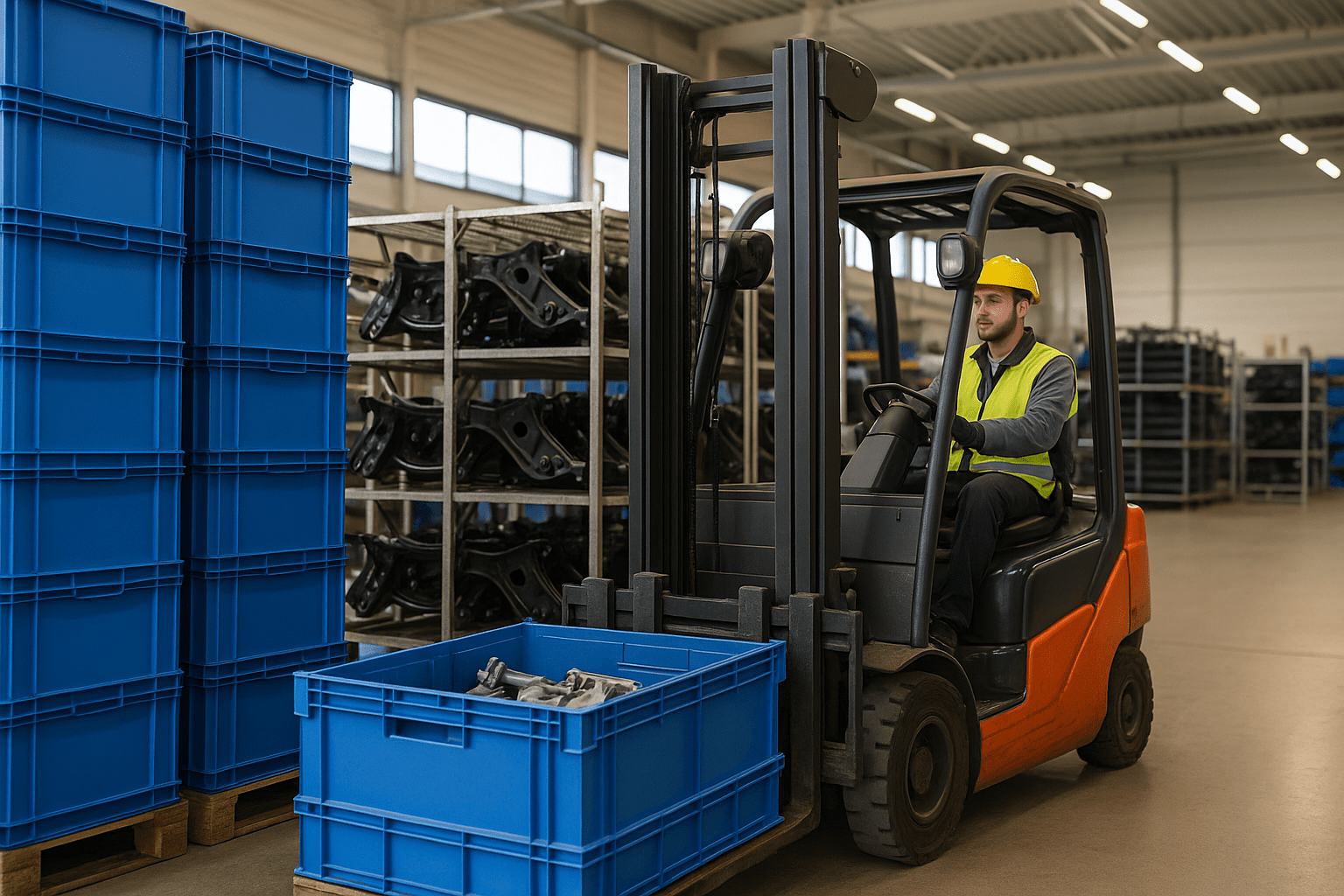 A warehouse worker wearing a yellow hard hat and a high-visibility vest operates an orange forklift, transporting a blue plastic crate filled with metal parts.