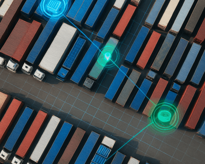 An aerial, top-down view of a shipping yard with rows of trucks and containers, overlaid with glowing digital icons representing IoT, data networking, and fleet tracking for supply chain management.