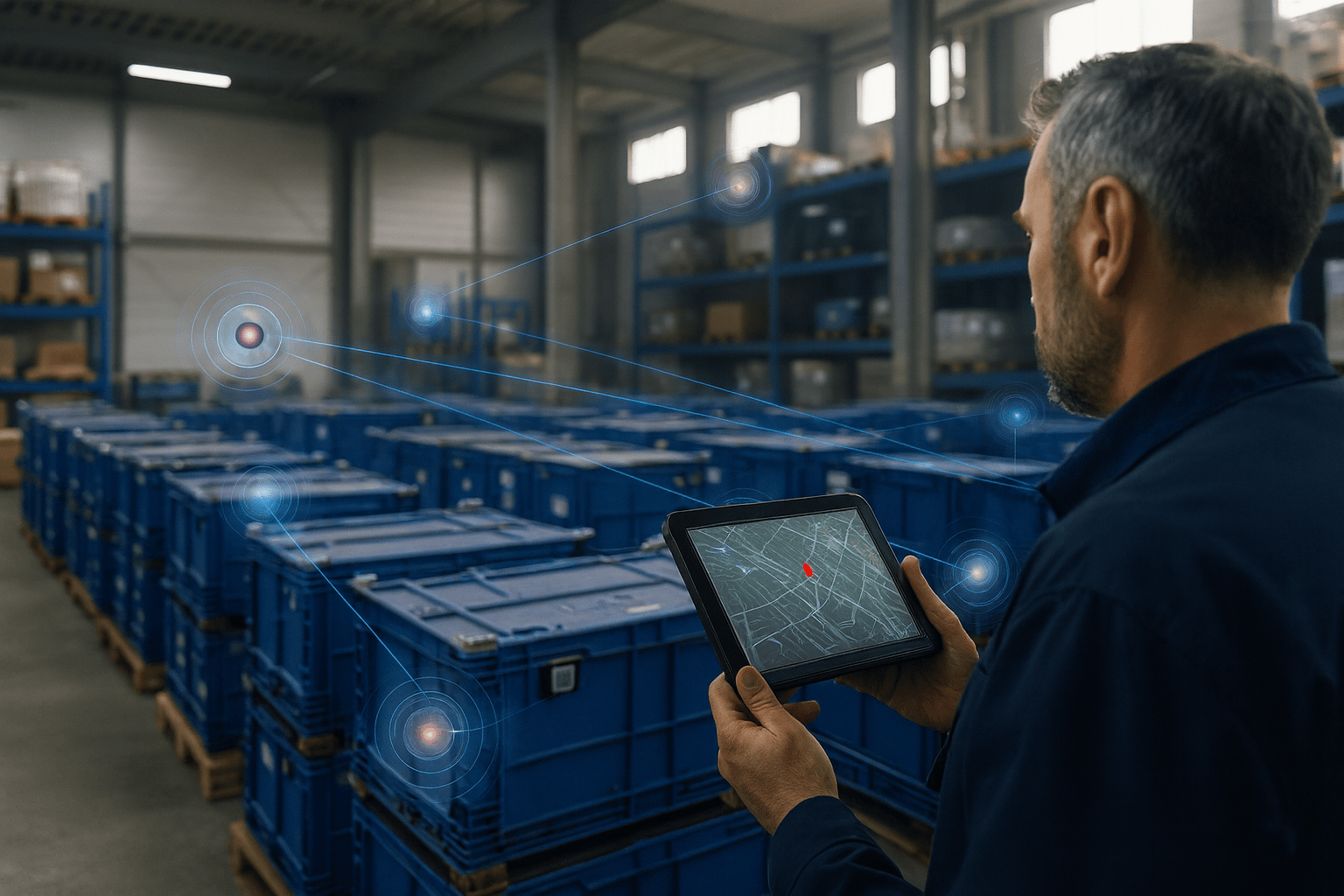 warehouse manager uses a tablet with a warehouse management system (WMS), which shows a digital overlay of location data pointing to specific blue inventory crates on pallets.