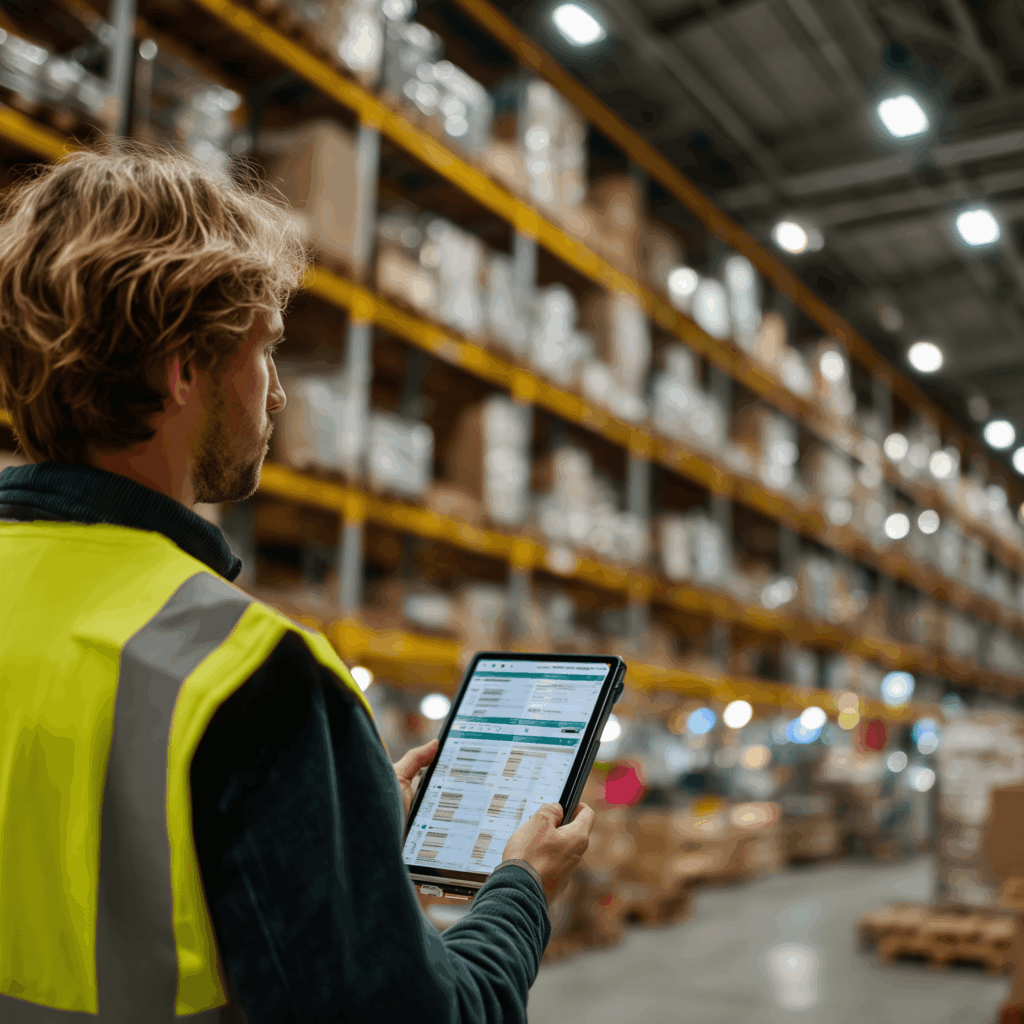 A warehouse worker uses a tablet displaying the GPX asset tracking platform to manage inventory, demonstrating the end-to-end visibility and real-time logistics insights the solution provides.