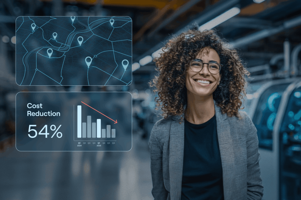 A satisfied customer with data overlays showing a 54% cost reduction and improved supply chain operations, representing a successful case study for tracking solutions.
