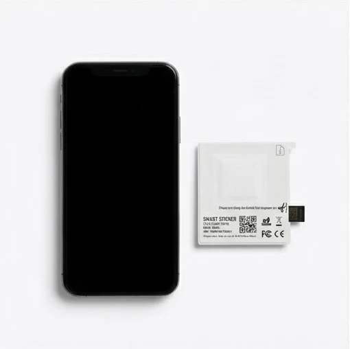 Size comparison of a SmartLabel disposable tracker next to an iPhone, highlighting its ultra-thin, business-card-sized form factor.
