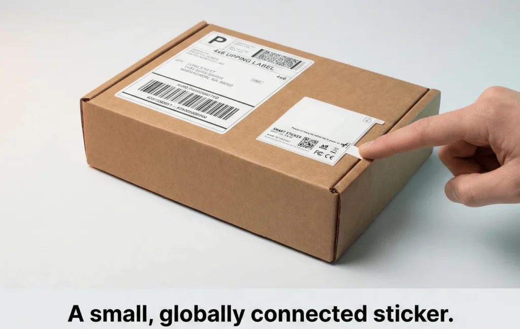 A small, globally connected smart sticker being applied to a shipping box for discreet, real-time Bluetooth shipment tracking.