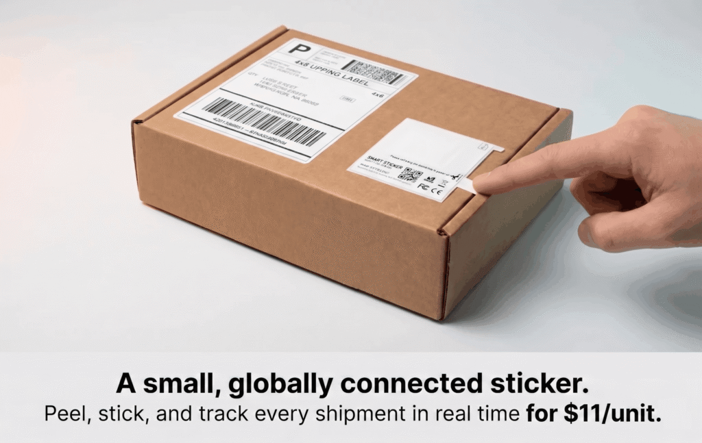 Marketing image of a globally connected smart tracking sticker on a shipping box, with text stating shipments can be tracked in real time for $11 per unit.