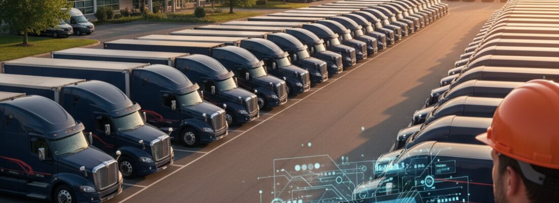Fleet trucks with IoT devices showcasing sustainable supply chain management