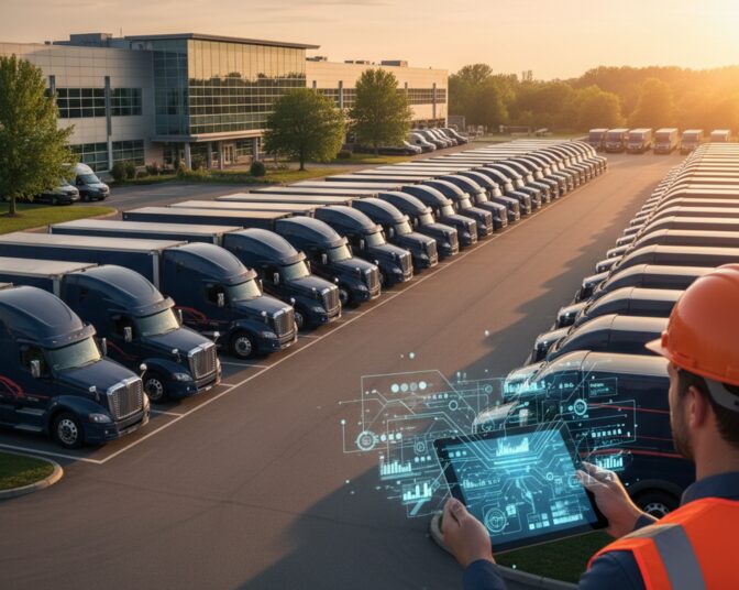 Fleet trucks with IoT devices showcasing sustainable supply chain management