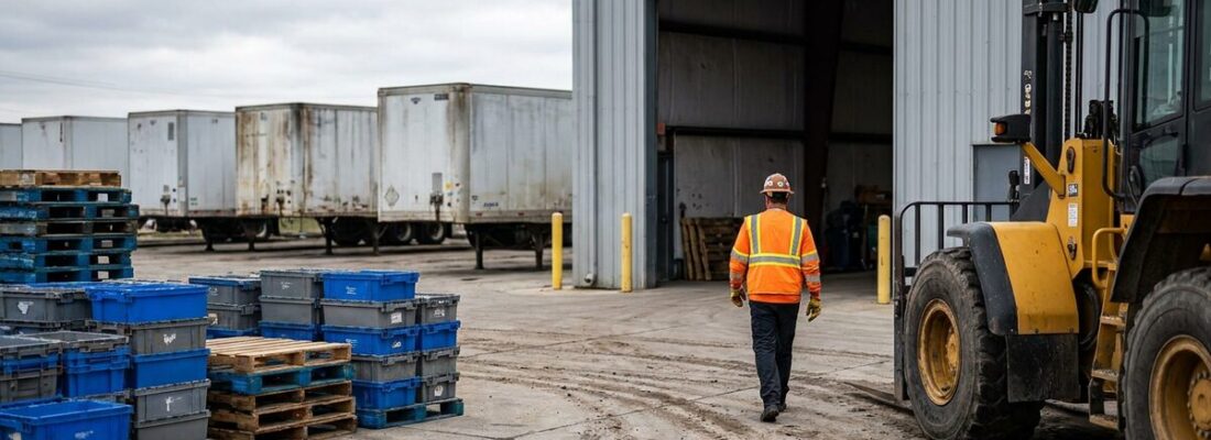 Active vs passive tracking — mixed fleet, equipment and returnable assets staged across an industrial logistics yard and warehouse