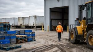 Active vs passive tracking — mixed fleet, equipment and returnable assets staged across an industrial logistics yard and warehouse