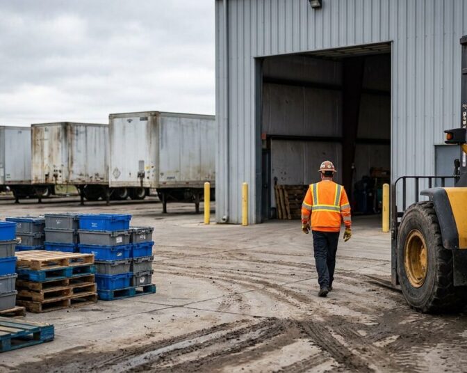 Active vs passive tracking — mixed fleet, equipment and returnable assets staged across an industrial logistics yard and warehouse