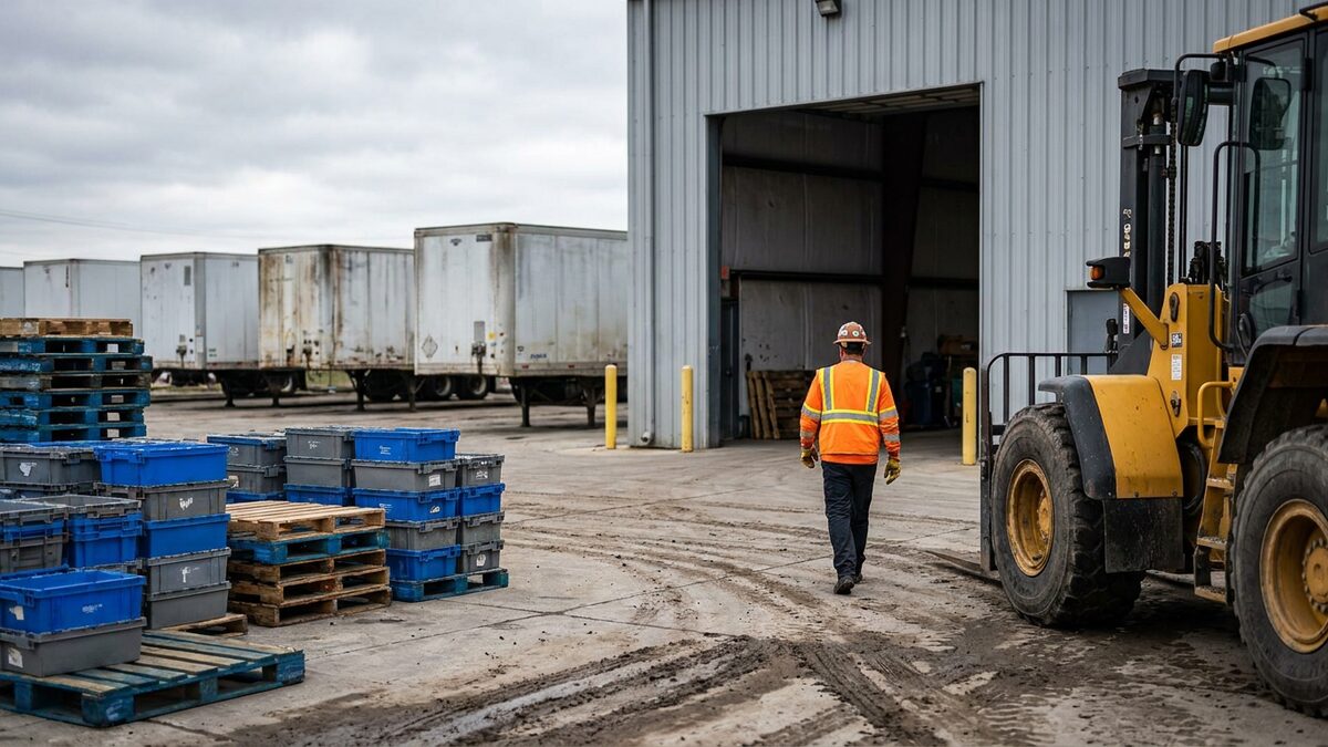 Active vs passive tracking — mixed fleet, equipment and returnable assets staged across an industrial logistics yard and warehouse