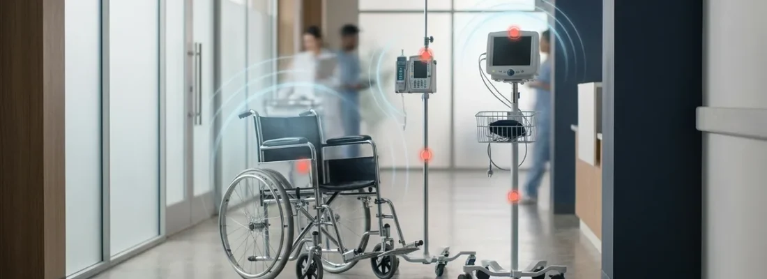 GPS tracker for medical equipment in a hospital corridor