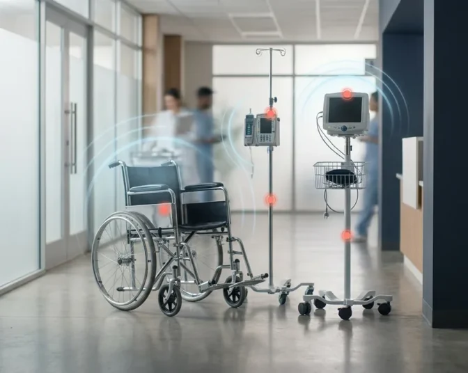 GPS tracker for medical equipment in a hospital corridor