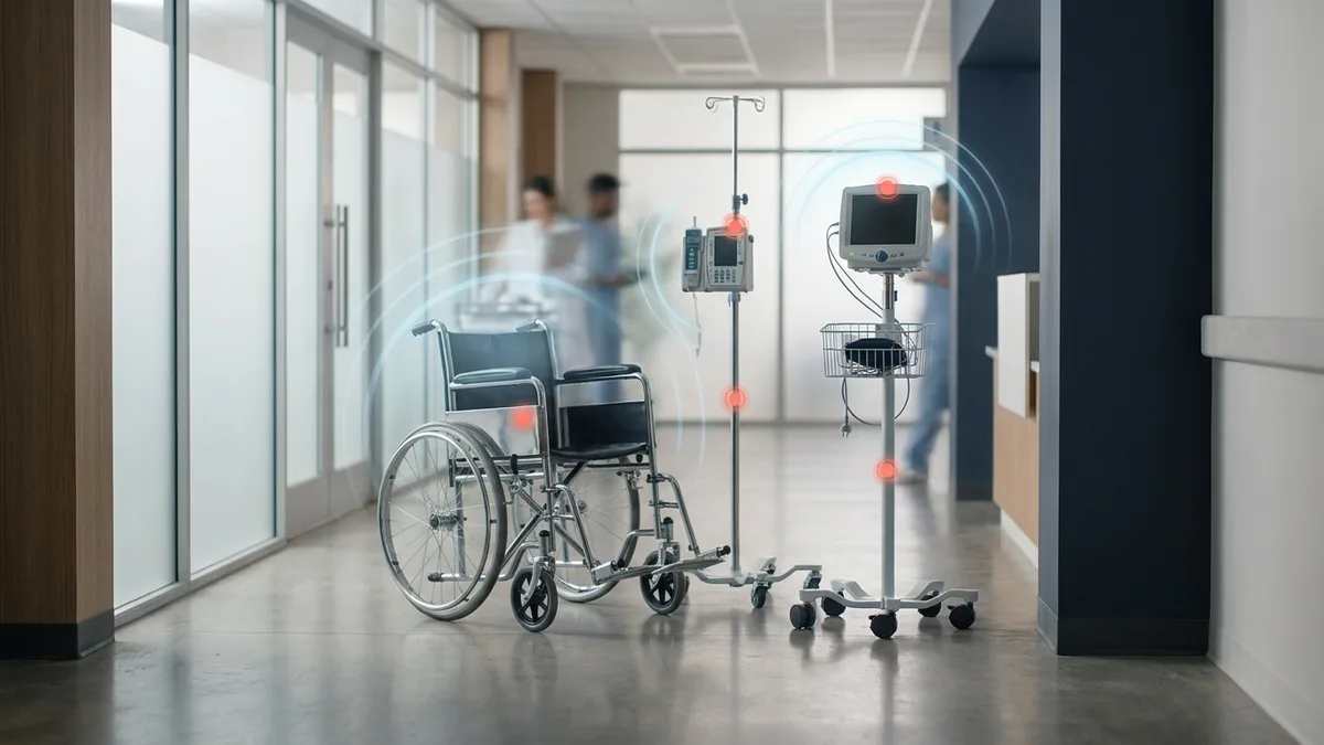 GPS tracker for medical equipment in a hospital corridor