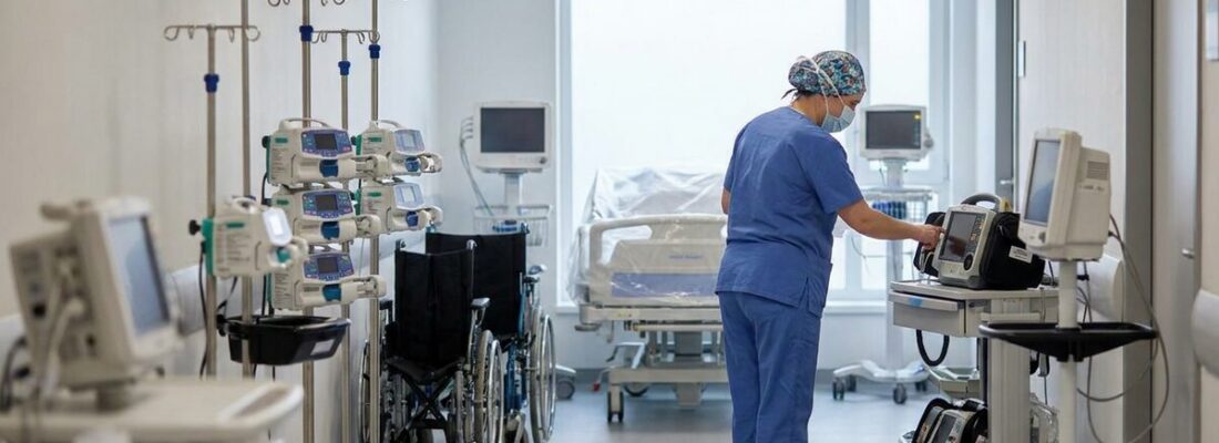 Medical equipment tracking — mobile hospital equipment staged in a clinical storage area
