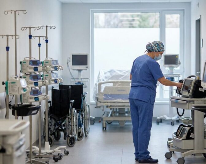 Medical equipment tracking — mobile hospital equipment staged in a clinical storage area