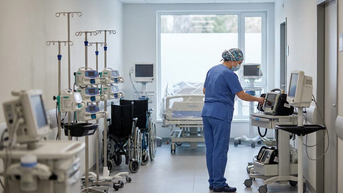 Medical equipment tracking — mobile hospital equipment staged in a clinical storage area