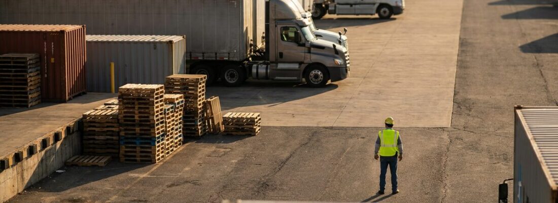 Real-time vs passive tracking — a commercial fleet of trucks and trailers staged at a logistics distribution depot