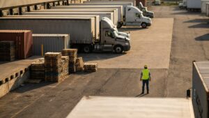 Real-time vs passive tracking — a commercial fleet of trucks and trailers staged at a logistics distribution depot