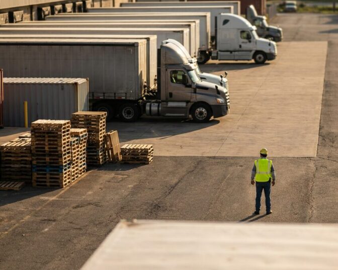 Real-time vs passive tracking — a commercial fleet of trucks and trailers staged at a logistics distribution depot