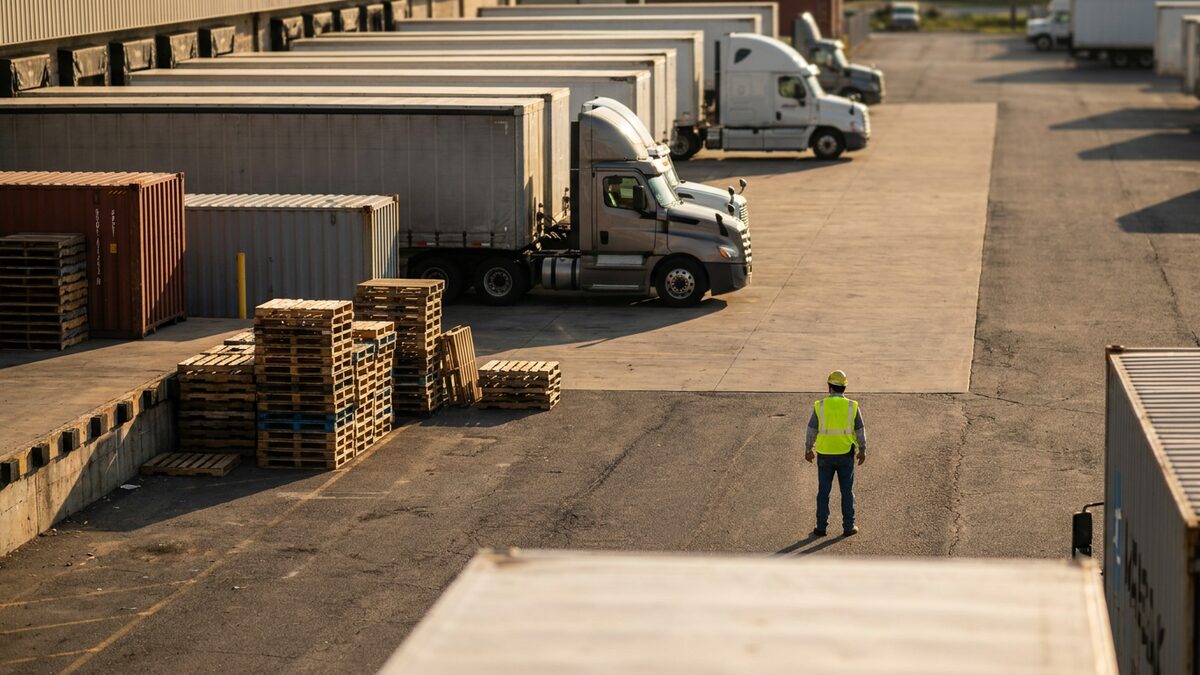Real-time vs passive tracking — a commercial fleet of trucks and trailers staged at a logistics distribution depot
