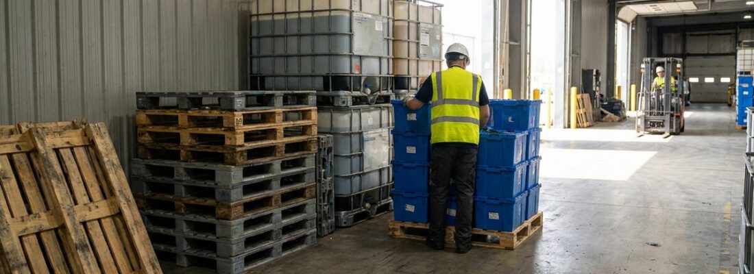 Returnable container tracking — returnable totes, pallets and IBC containers stacked in a warehouse