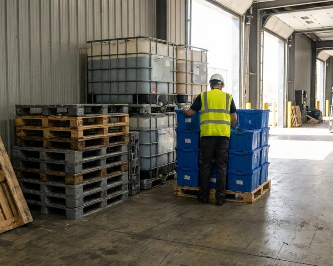 Returnable container tracking — returnable totes, pallets and IBC containers stacked in a warehouse