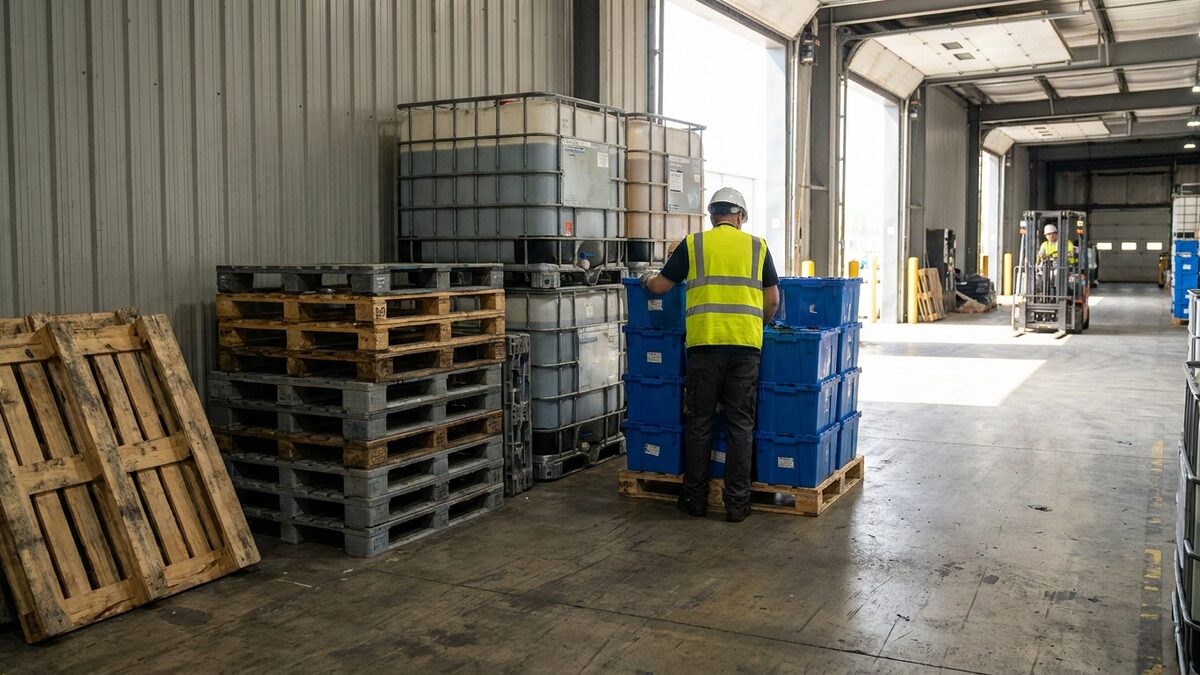 Returnable container tracking — returnable totes, pallets and IBC containers stacked in a warehouse