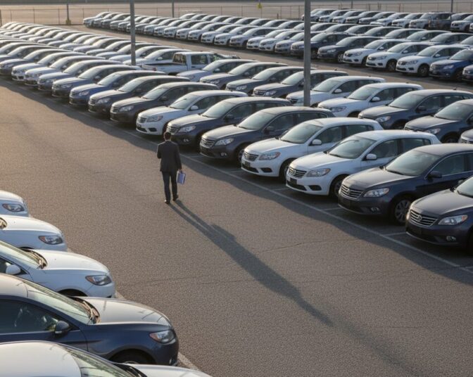 GPS tracking for auto finance lenders - rows of financed vehicles held on a secure storage lot