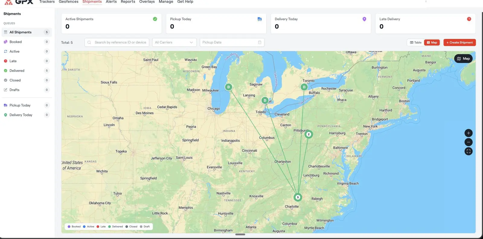 GPX platform — live map view with tracked assets and shipments across the region