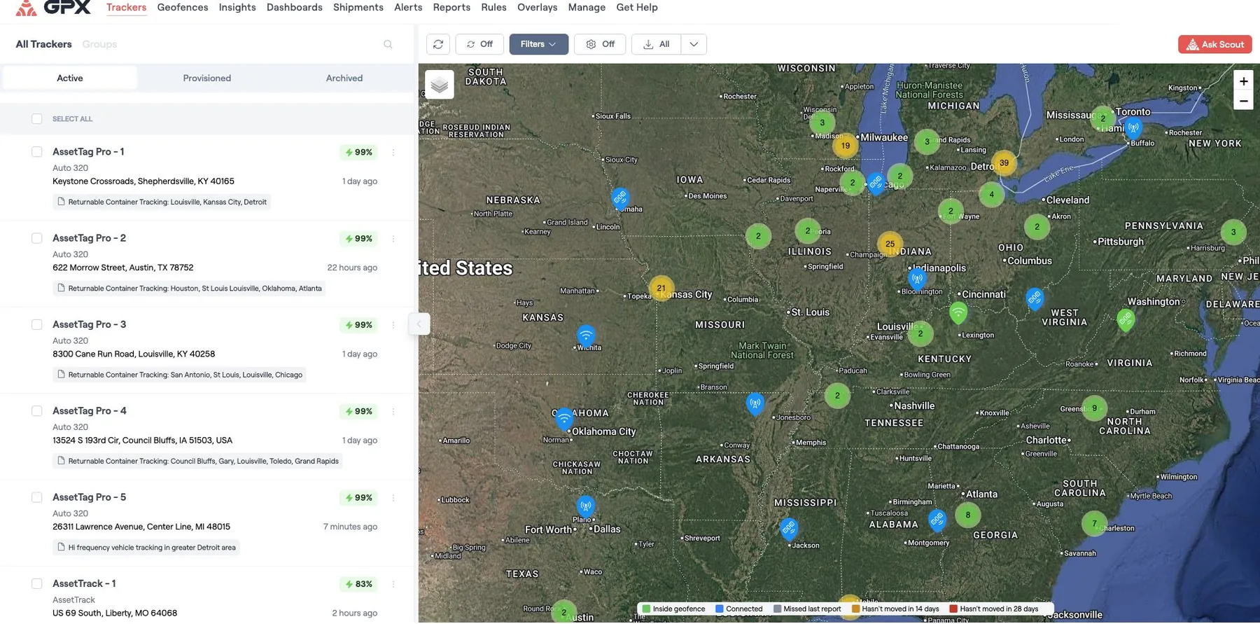 Fleet tracking software — every vehicle, trailer, and piece of equipment on one live map with battery and geofence status