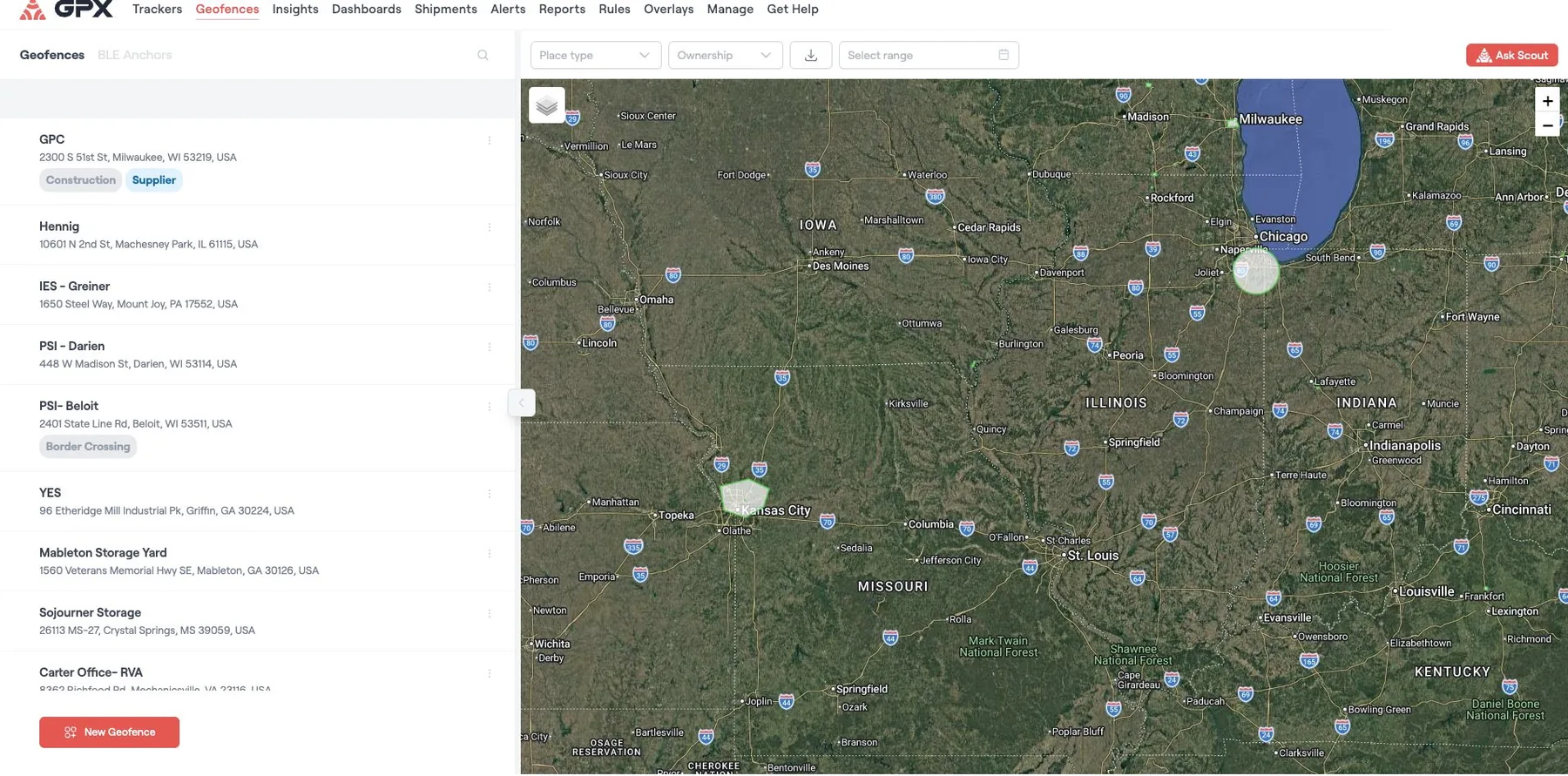 GPS fleet tracking software — geofences on a live map with site list and entry and exit alerts