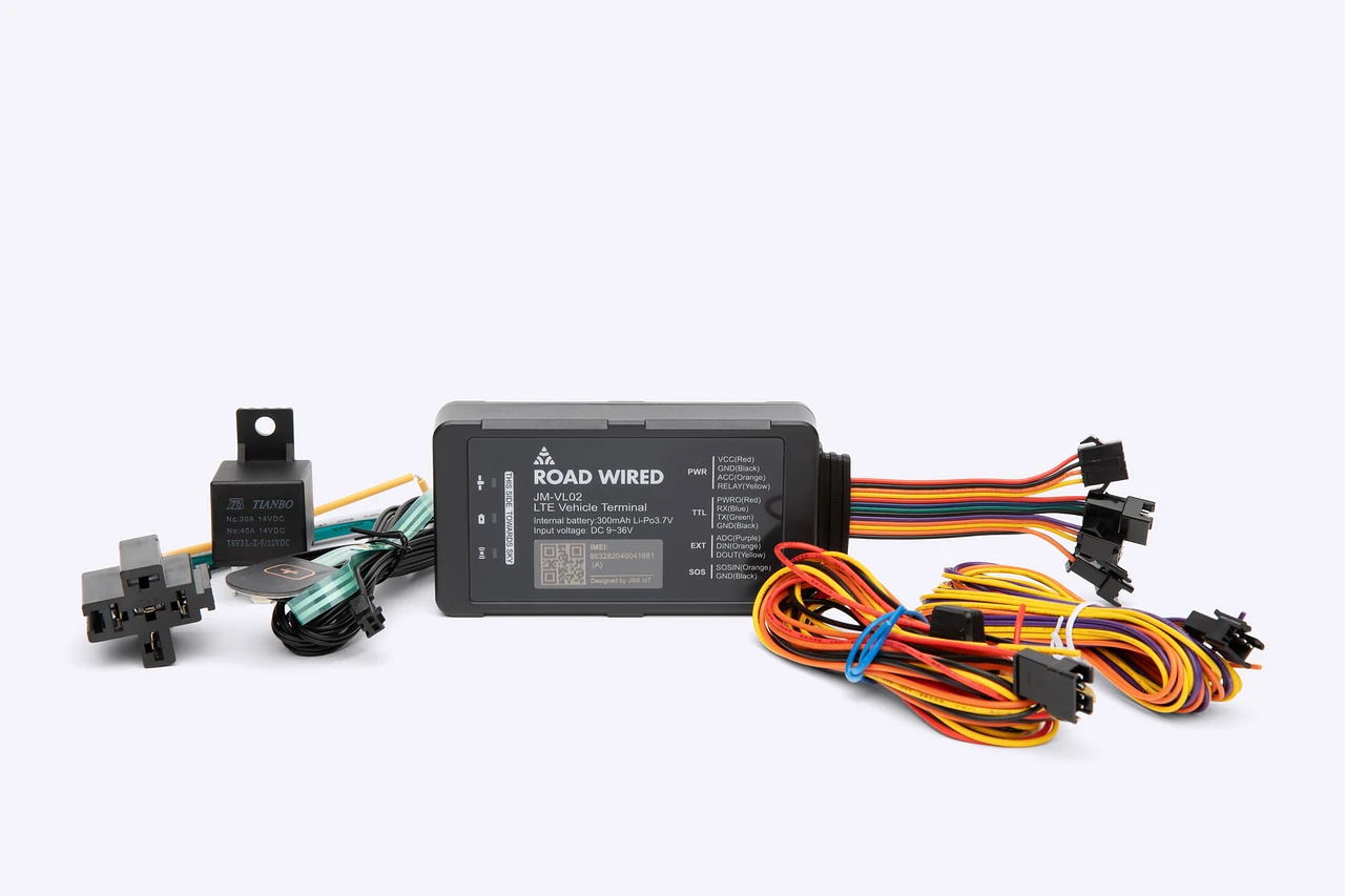 GPX RoadTrack Wired hardwired vehicle GPS tracker with its two-wire installation harness