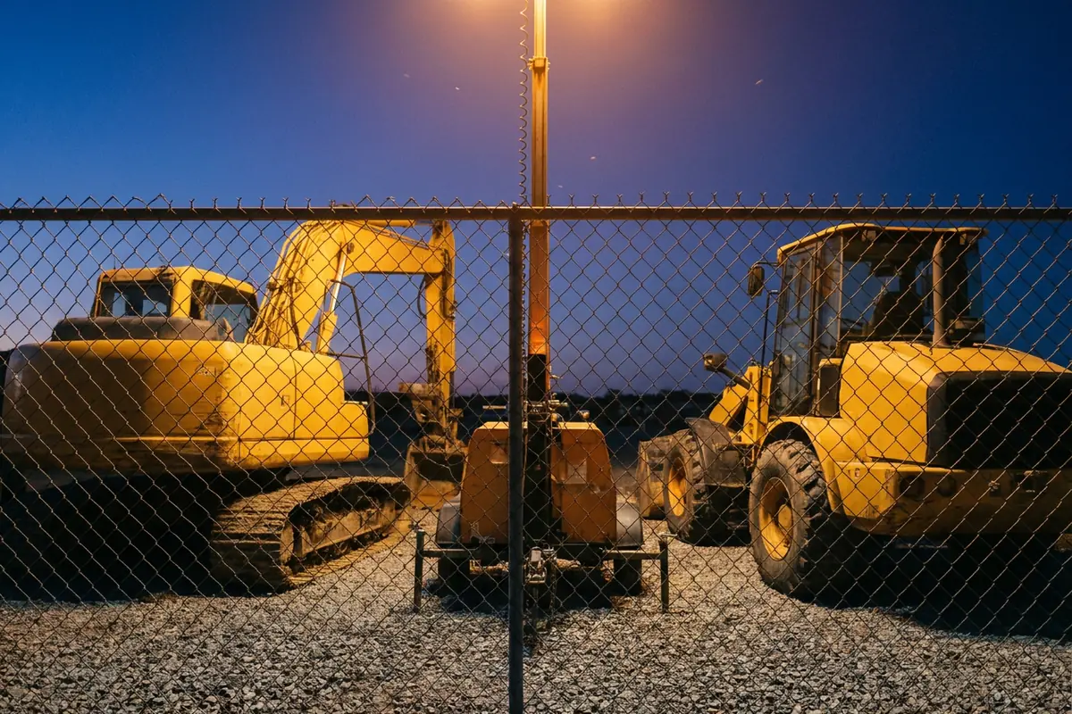 Yellow excavator, wheel loader and light tower parked behind a chain-link fence in a construction equipment yard at dusk, the kind of site asset loss prevention protects