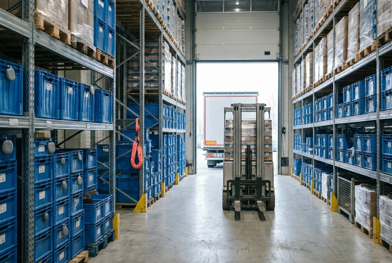 Forklift moving a pallet down a warehouse aisle lined with bins and pallets carrying small Bluetooth tracking tags, with a trailer at the open dock door