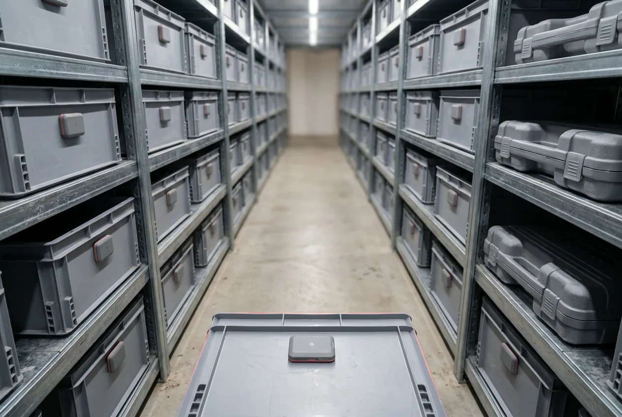 Warehouse shelving holding grey totes and tool cases, each fitted with a small Bluetooth tracking tag for BLE location tracking